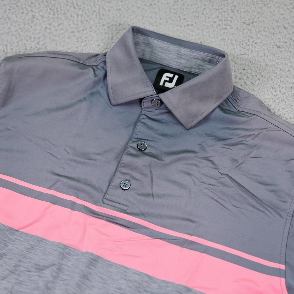 FootJoy Polo Shirt‎ Mens Medium Gray Pink Stripe Golf Performance Athletic FJ